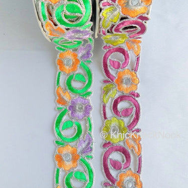 Orange, Purple, Green And Silver Floral Embroidery Trim